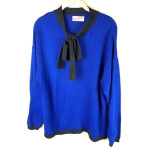 Vintage Lerner Woman Blue Knit With Black Bow Ca Size L (18)